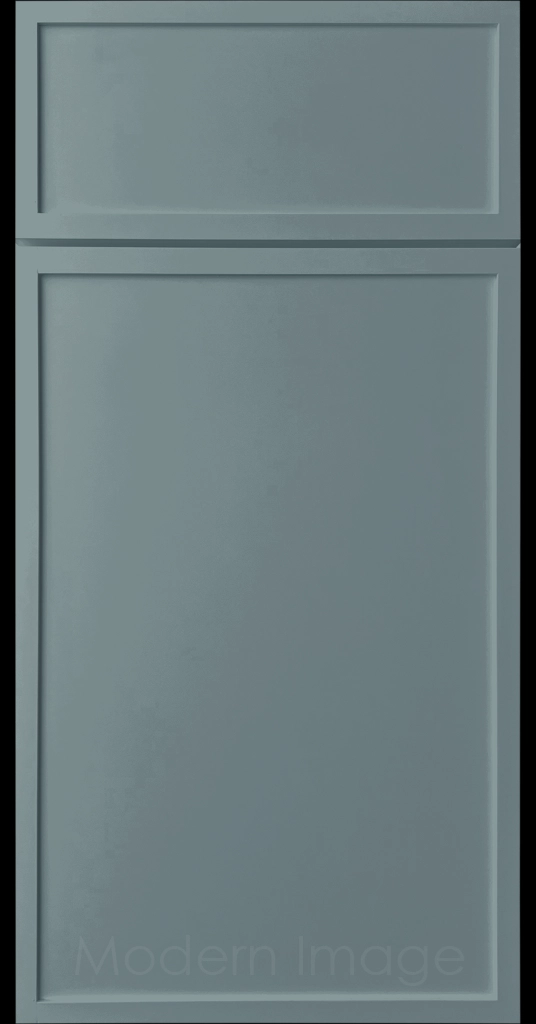 Close-up of a Sage color Arcadia shaker-style cabinet door, featuring slim stile and rail surrounding a flat center panel